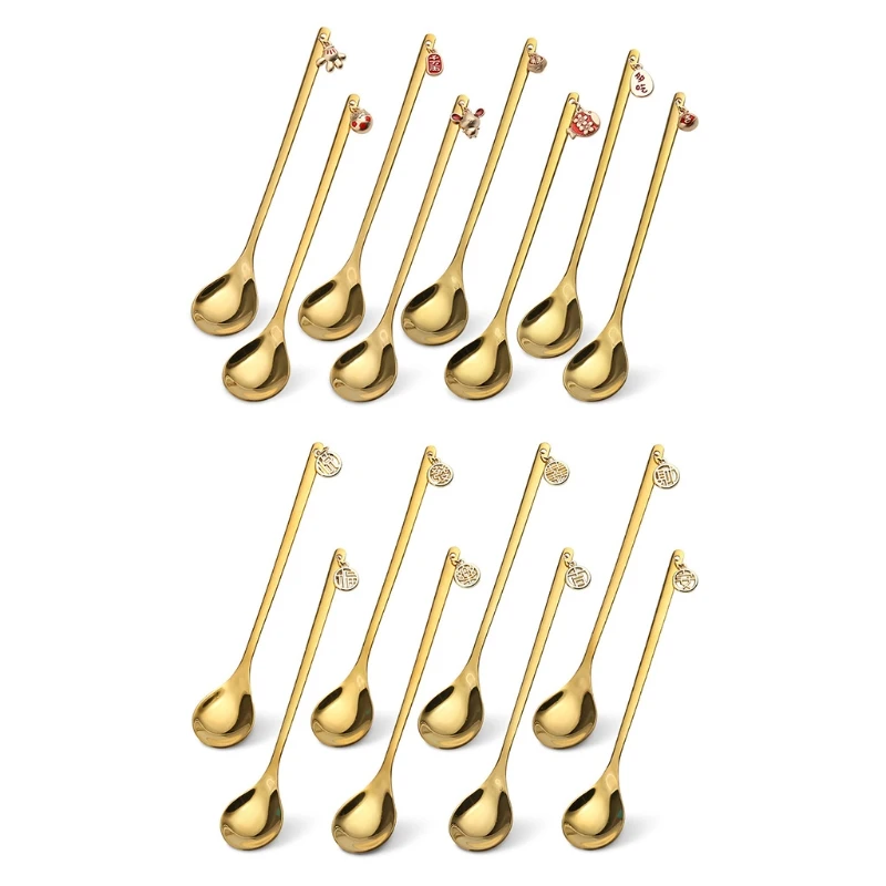 

8pcs Stainless Steel Coffee Spoon hinese New Year design Ornaments Soup Teaspoons Mixing Stirrer Kitchen Tableware Gift