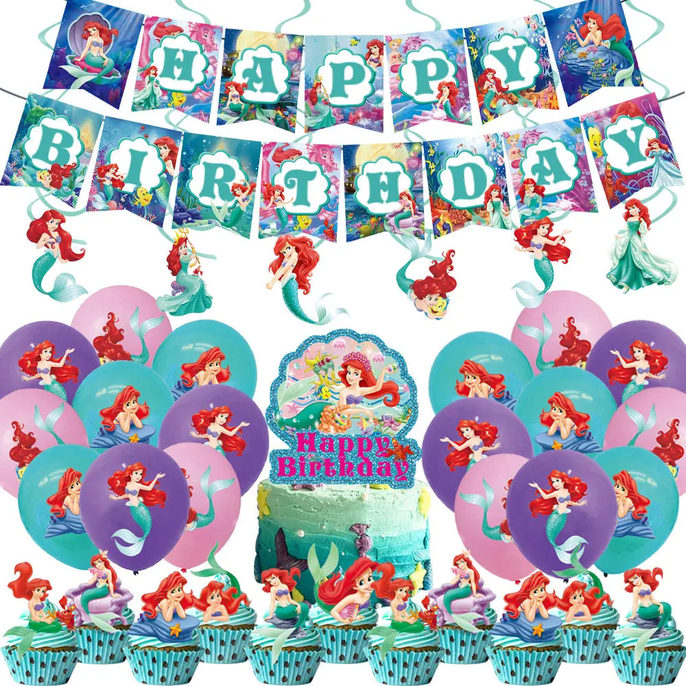 

Little Mermaid Ariel Girl Favor Birthday Party Decoration Plate Cup Banner Tablecloth Disposable Tableware 1st Kids Baby Shower