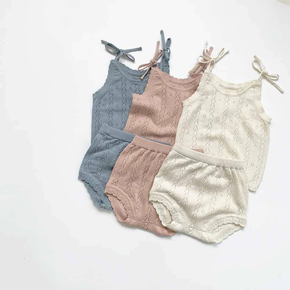 

2021 New Girls boys 2 Pcs Set Knitted Vest +Shorts Cotton Summer Fashion Babys Suits 0-3 years