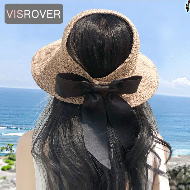 

VISROVER Summer Women Sun Hat Empty Top Hats Cap Foldable Beach Big Trim Hat Visor Fashion Holiday Sunscreen Sun bonnet Hats