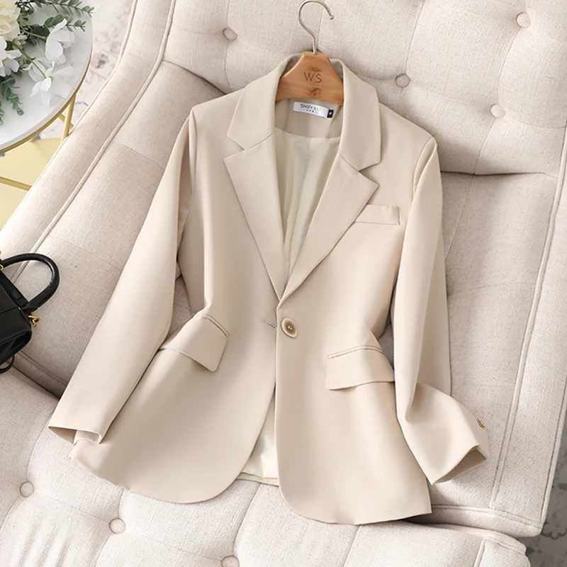 

FTLZZ Spring Autumn Office Ladies Blazer Women Notched Collar Double Breasted One Button Jacket Vintage Solid Color Slim Blazer