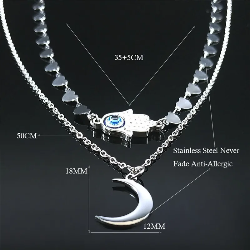 

2PCS Hamsa Hand Crystal Stainless Steel Turkey Eye Moon Necklace Silver Color Necklaces Islam Muslim Jewelry cadena N3787S01