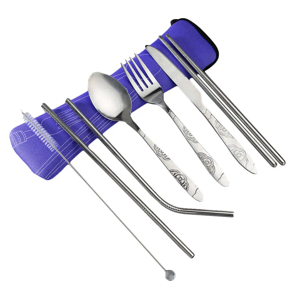 7pcs Portable Stainless Steel Cutlery Suit Reusable Straw and Chopstick Travel Knife Fork Set cubiertos inoxidable | Дом и сад