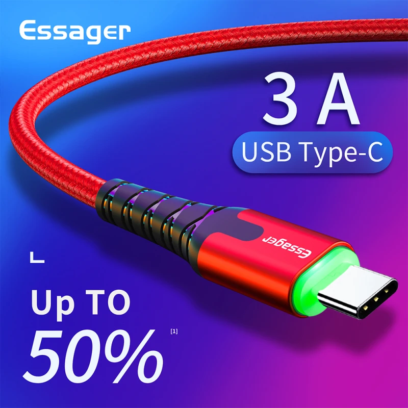 Essager LED Lights USB C To Usb Type C Cable Fast Charge Wire Cord Cable Mobile Phone Mini USB Extension Cable Fast Charging