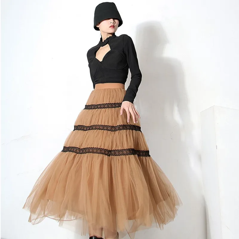 

High Elastic Waist Half-body Lace Coffee Patchwork Mesh Skirt Women Fashion Tide New Arrivals Spring Autumn 2021 E058