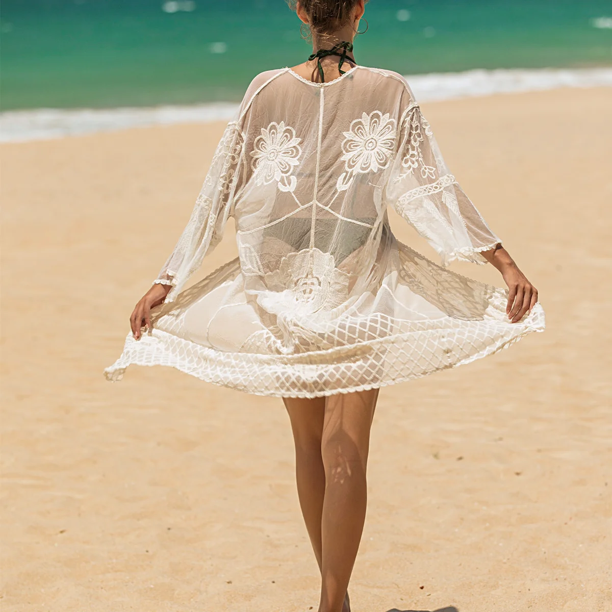 

Sexy Perspective Solid Color Lace Strap Beach Cardigan Sunscreen Beach Dress Swimwear Cover Up Women