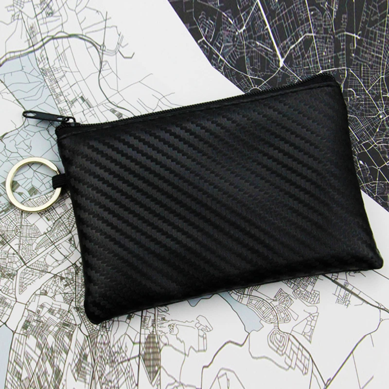 

2021 Men Small Zipper Coin Purse With Ring Mini Pouch Carbon Fiber PU Leather Bag Card Holder Money Change Key Wallet Kids Gifts