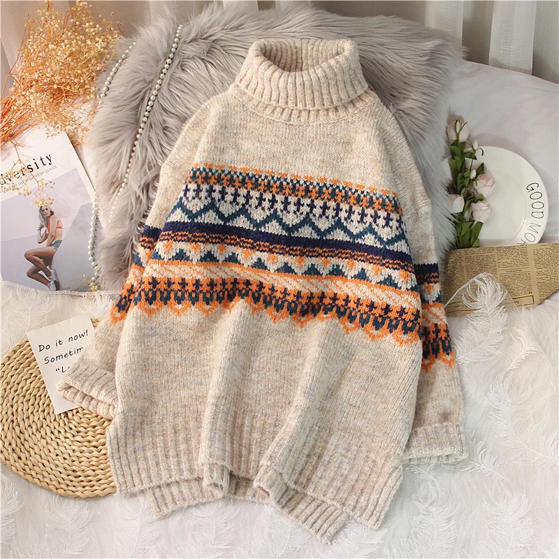 

EBAIHUI Woman Sweaters Print Turtleneck Vintage Thick Winter Clothes Knitted Casual Baggy Jumper Long Sleeve Top Chic Streetwear
