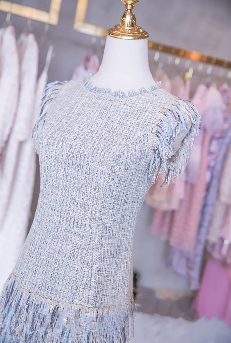 Женское элегантное клетчатое твидовое платье с кисточками без рукавов с круглым вырезом, женские повседневные Модные шикарные твидовые платья на бретелях Vestidos