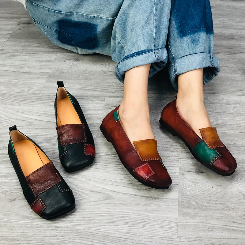 Careaymade-Flat Shoes Retro National Style Beggar Patch Stitching Shallow Mouth Women's Shoes Breathable Slip-on Casual Shoes