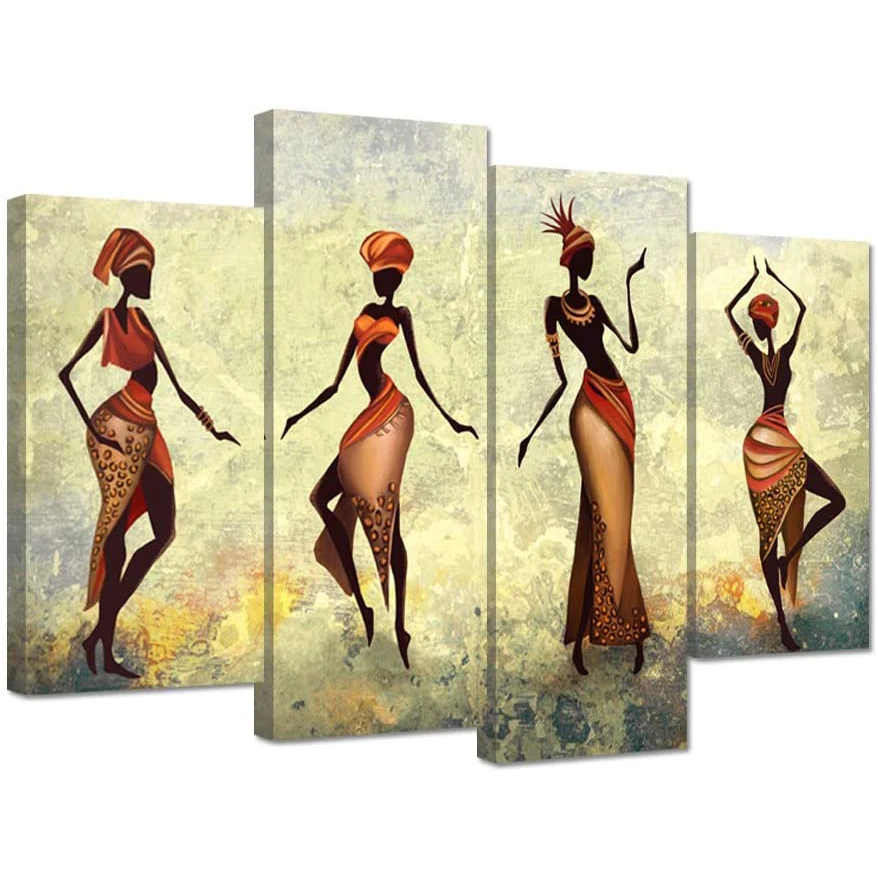 

No Framed 4 Pcs Traditional African Women Dancer Wall Art Canvas Poster Pictures Paintings Home Decor for Living Room Decoration