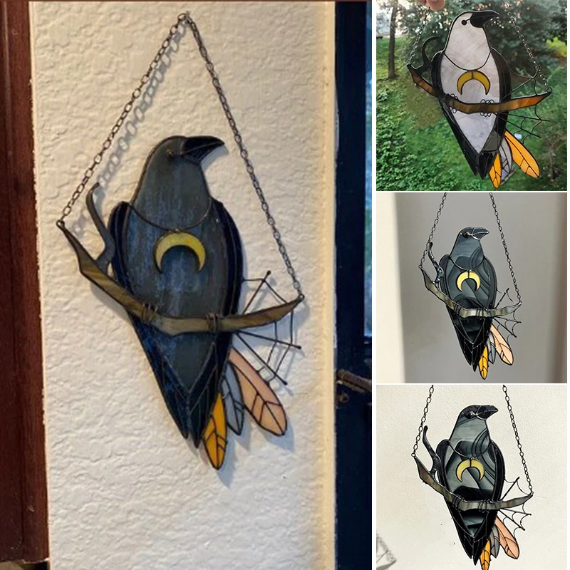 

Crow Witch Stained Suncatcher Black Bird With Moon Necklace Decorative Window Wall Hanging Home Decoration Accessories 15x20cm