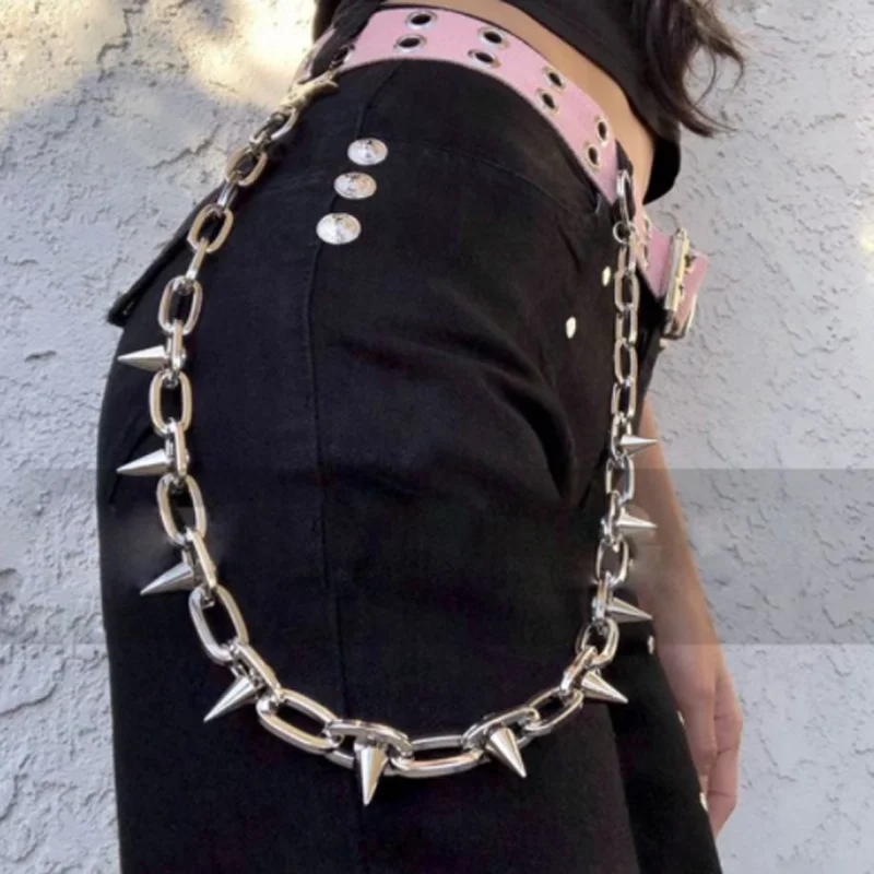 

Punk Rivet Waist Chain Punk Cool Spike Jeans Decor Pants Chain Secure Travel Wallet Heavy Duty Link Coil Leash Jewelry