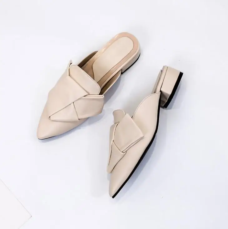 

2021 Size 43 Casual Slippers Women Muller Shoes Low Shoes Butterfly-knot Slippers Pointed Toe Fashion Slides PU Woman Shoes
