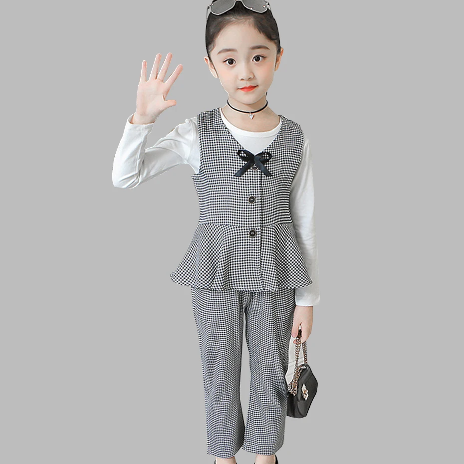 Одежда для девочек клетчатый жилет штаны и футболка одежда подростков костюм с