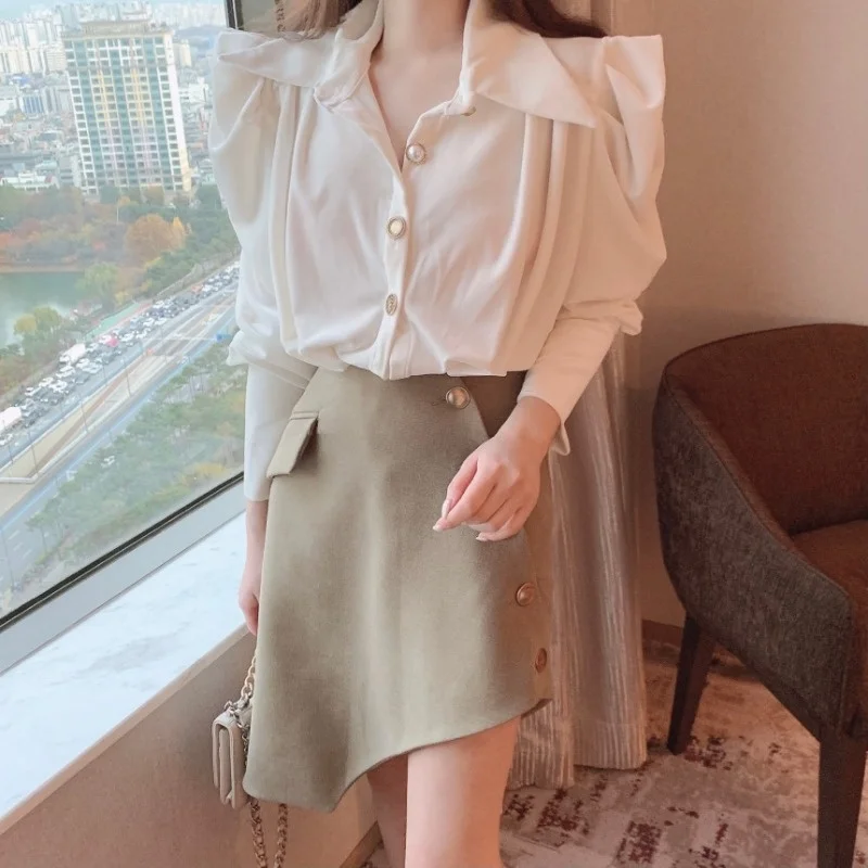 

Women Skirt Korean Spring Fashion Pearl Lapel Long Sleeve Shirt Irregular High Waistshesam-B
