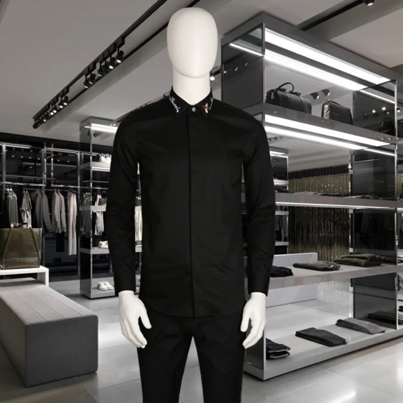 Autumn and winter new men's long-sleeved shirt fashion slim bee embroidered black and white  shirt for men