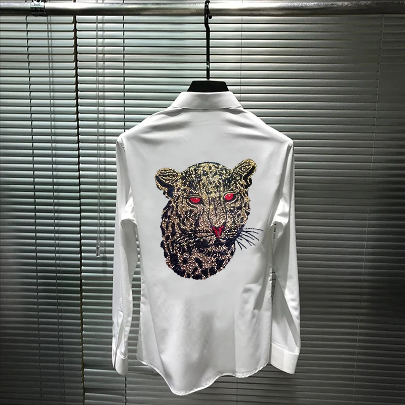 Spring All-Match Personality Men's T-Shirt Hip-Hop Long-Sleeved New Arrival Rhinestone Solid Color Luxury Cotton