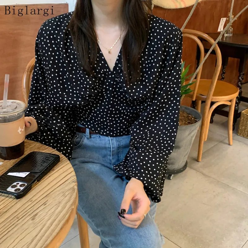 

Блузка женская в горошек, Повседневная Свободная рубашка в Корейском стиле, Топ с длинным рукавом, черный белый цвет, на осень