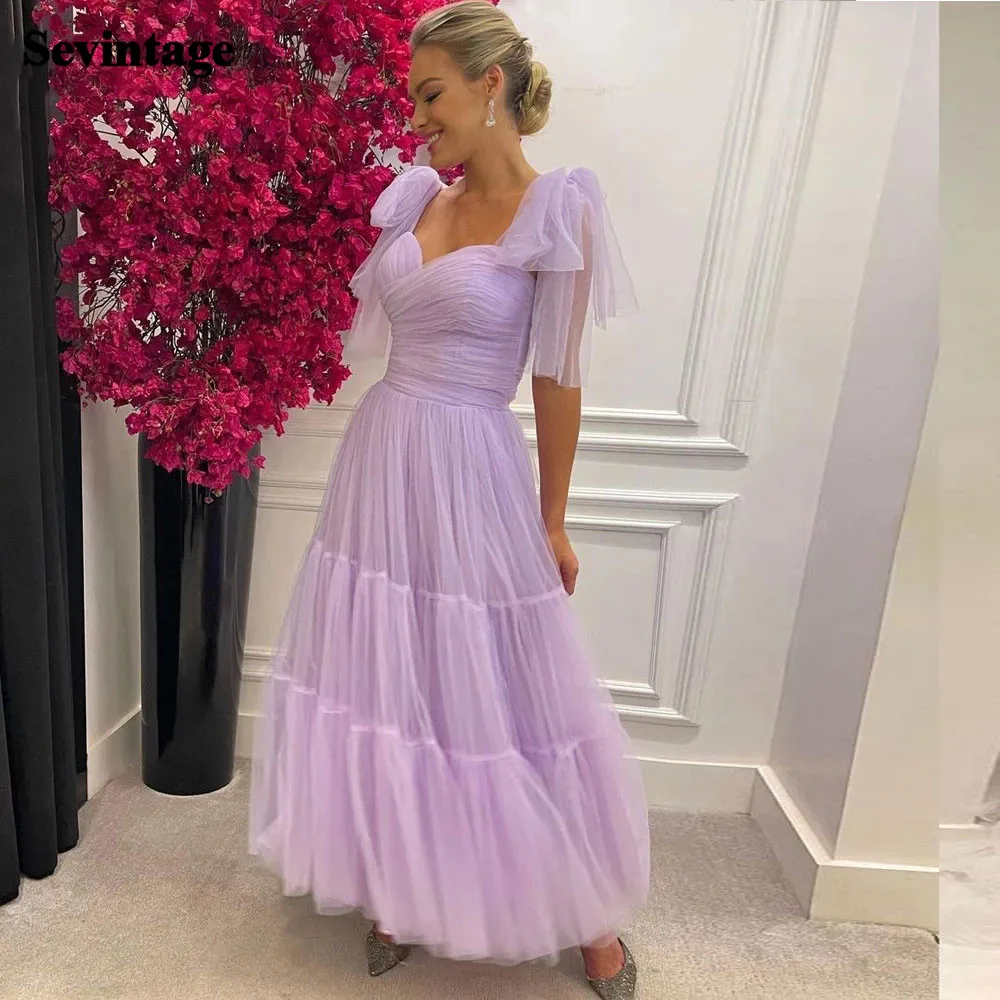 

Sevintage Lilac Tiered Tulle Prom Dresses Tied Bow Straps Formal Evening Gowns Pleats Ankle-Length Short Women Party Dress 2022