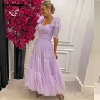 Женское вечернее платье Sevintage, плиссированное короткое платье до щиколотки из сиреневого тюля на бретельках с бантом, для выпускного вечера, 2022