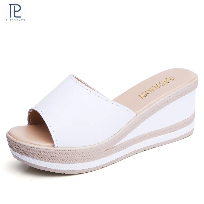 Летняя тапочка на платформе и высоком каблуке женские тапочки из натуральной