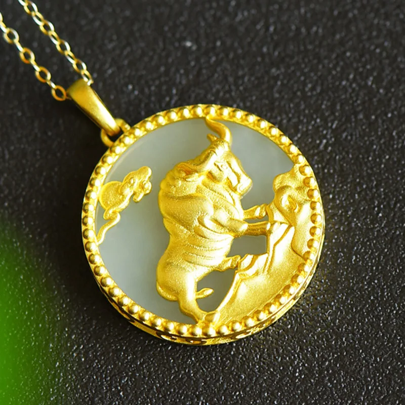 

Imitation Hetian White Jade Plated Gold Zodiac Cattle Pendants Men's and Women's Inlaid White Jade Round Brand Necklaces
