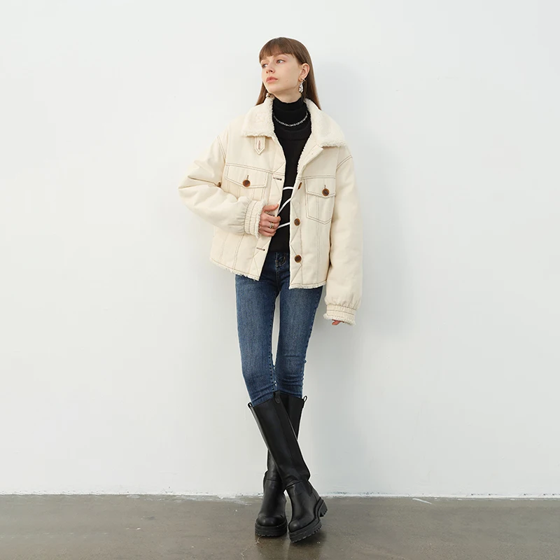 

Beige Loose Fit Lambswool Big Size Warm Jacket New Lapel Long Sleeve Women Coat Fashion Tide Autumn Winter 2021 1DD0139