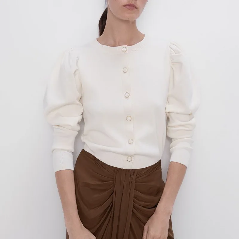 Chic Women Sweater Autumn 2019 New Fashion V-Neck Full Puff Sleeve Modern Lady Cardigans Tops |