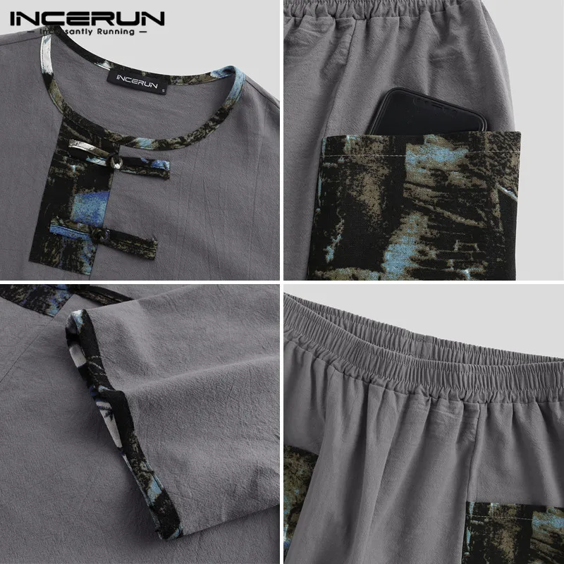 

INCERUN Chinese Style Printed Men Sets Streetwear Short Sleeve Casual Shirt Elastic Waist Pockets Pants Vintage Loose Men Sets
