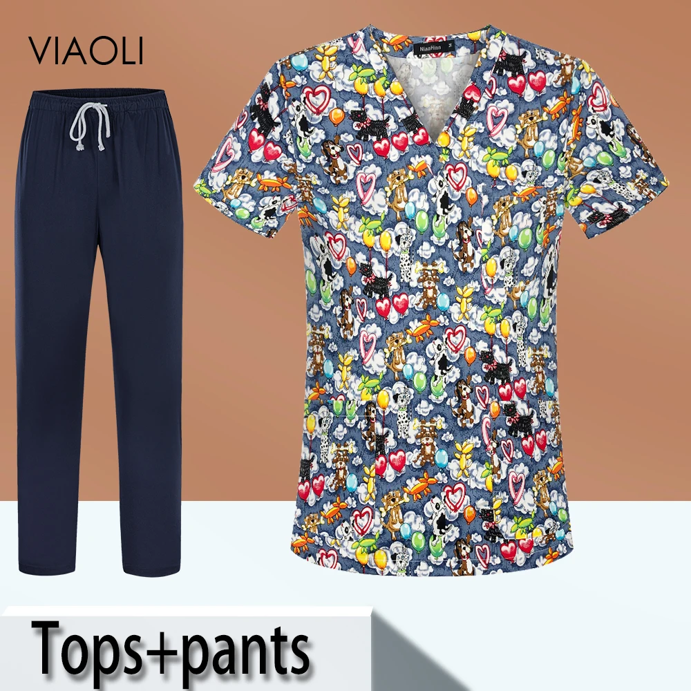 

Women Uniform Unisex Scrubs Tops Cartoon Printing Lab Workwear Spa Uniforms Pet Grooming Scrubs Beauty Uniforms Wholesale Prices