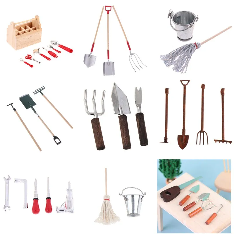 

1 Set 1/12 Dollhouse Mini Wooden Toolbox with Metal Tools Set Repair Kits Furniture