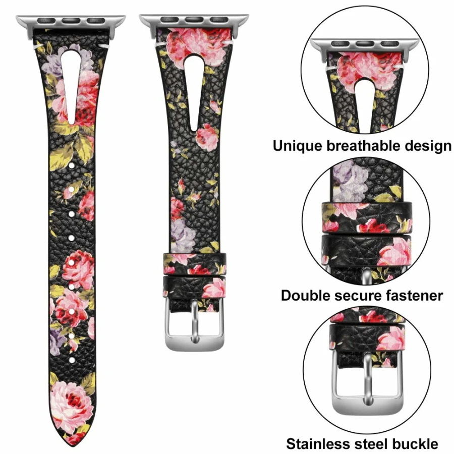 Flower Floral Printed Leather Band For Apple Watch Series 4 3 2 1 Bracelet Strap for iWatch 4 38mm 42mm 40mm 44mm Wrist Belt