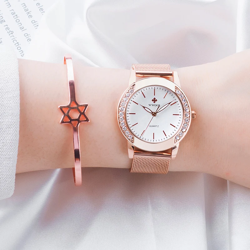 WWOOR 2022 New Luxury Rose Gold Women Watches Fashion Diamond Ladies Dress Watch Female Casual Mesh Steel Wristwatch Reloj Mujer