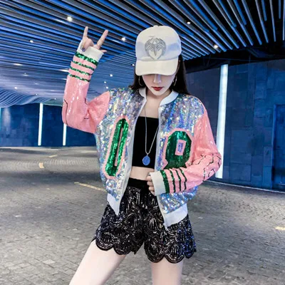 picture color Veste Femme printemps новые блестки с длинным рукавом О-образным вырезом 08 модные куртки с блестками на молнии Женская шикарная Клубная верхняя одежда и пальто - Цвет: picture color