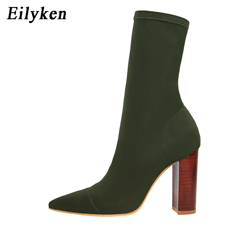 Green Eilyken/удобные Стрейчевые женские сапоги-носки; ботильоны на высоком квадратном каблуке; модная Осенняя растягивающаяся обувь с острым носком; Цвет Черный; большие размеры - Цвет: Green