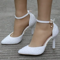 crystal queen pointed toe white pearl wedding shoes thin heels shoes bridal high heels shoes female party ankle strap sandals