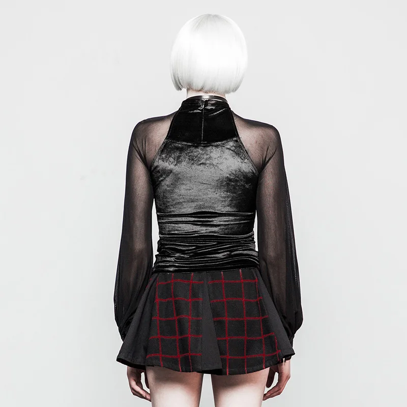 Панк рейв женская готическая Повседневная бархатная Сетчатая футболка мода