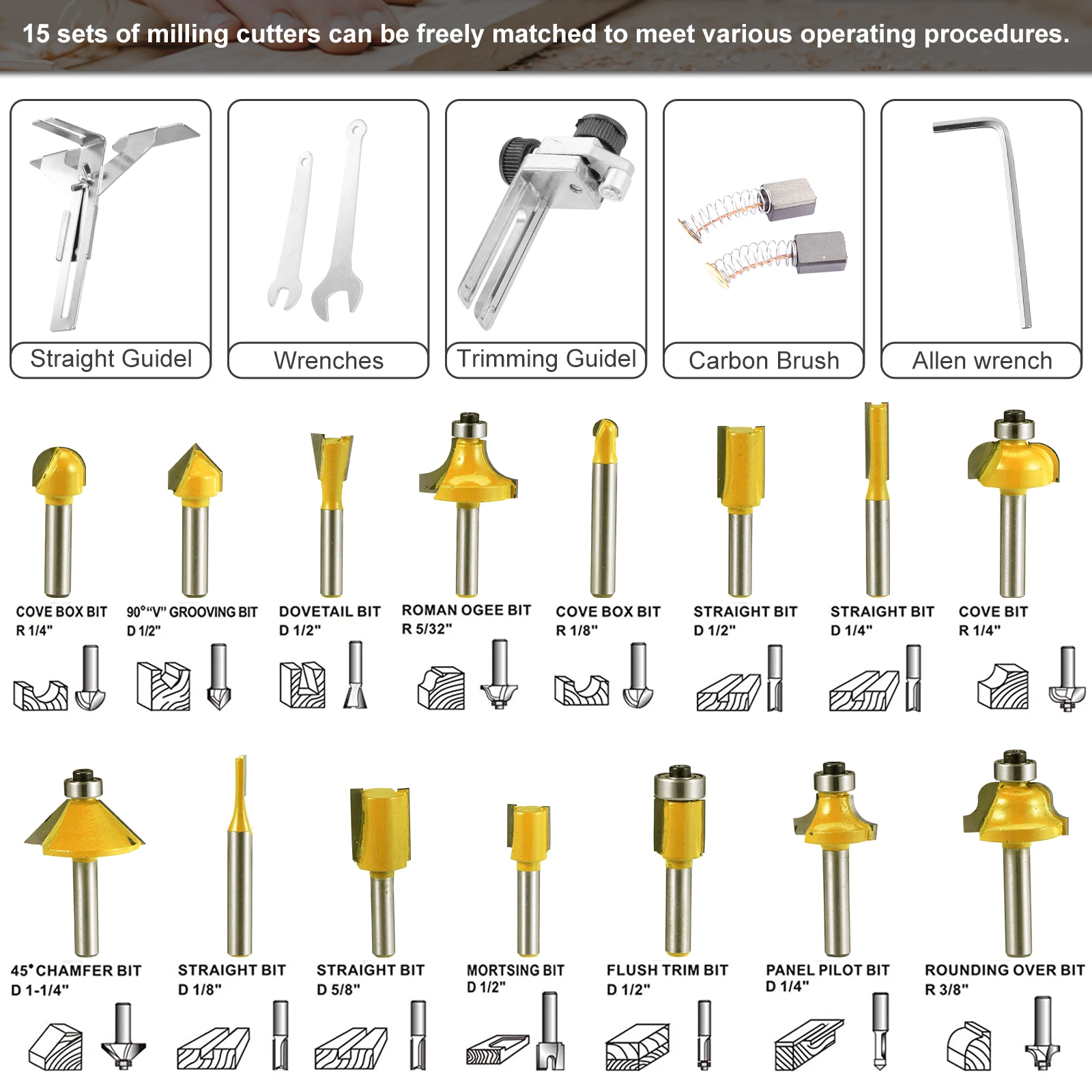 

Wood Trimmer 15 Pcs 1/4 Inch Milling Cutter Electric Woodworking Trimming Machine Set