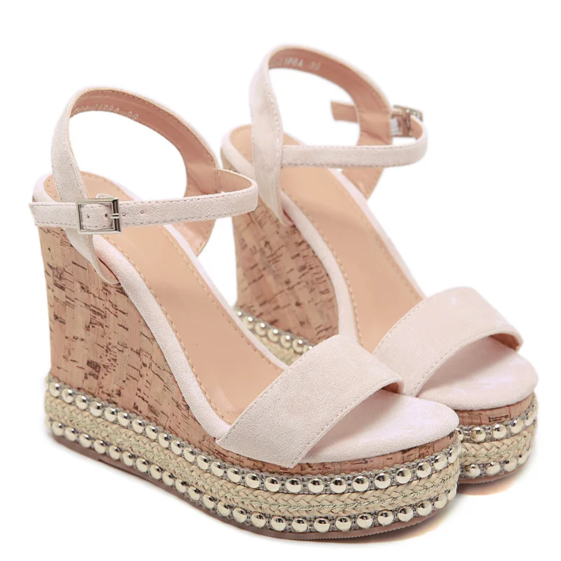 

2021 New Large size Women's Sandals Round Head Light Mouth Sandalias Straw Flannelette Platform Shoes Women Bead Heel