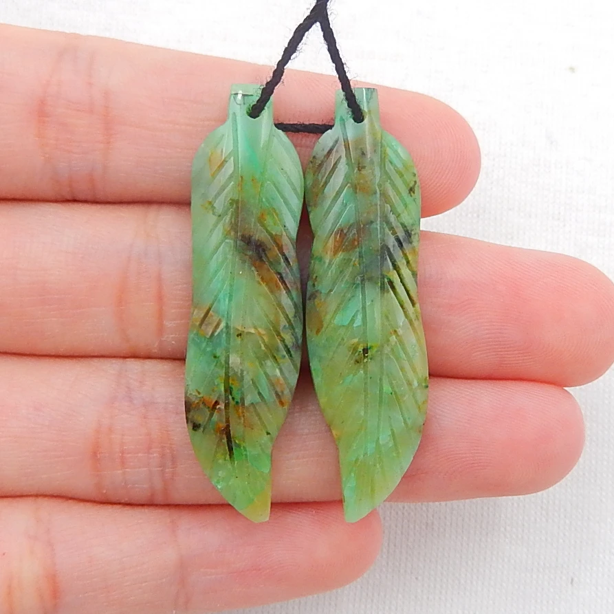 

Fashion jewelry,Natural Gemstone Carved Leaf Chrysocolla fashion women Earring Bead 41x10x5mm7.4g