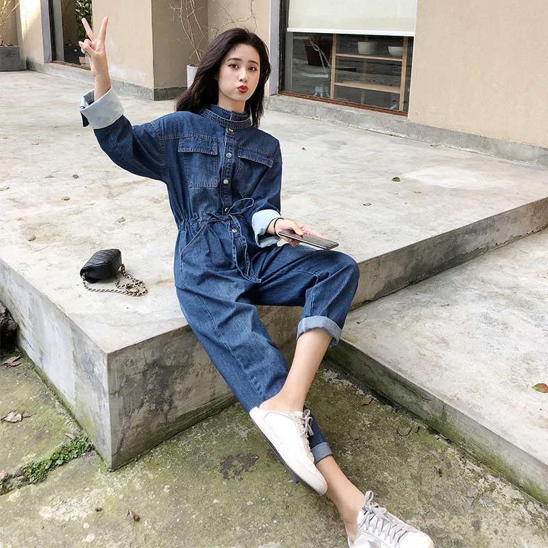 Женский джинсовый комбинезон повседневные цельные комбинезоны с длинными