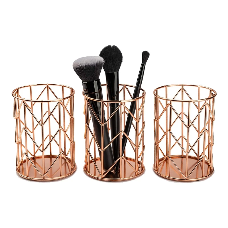

Rose Gold Pen Holder Set of 3,Metal Rose Gold Pencil Holder for Dorm & Office,Desk Organizer Makeup Brush Cup
