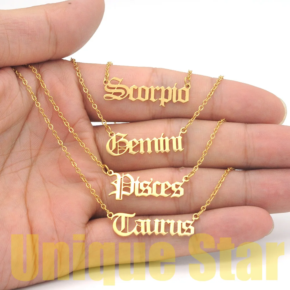 12pcs/set Wholesale 100% Stainless Steel Old English Zodiac Letter Necklace for Women Aries Horoscope Jewelry Fashion Necklaces