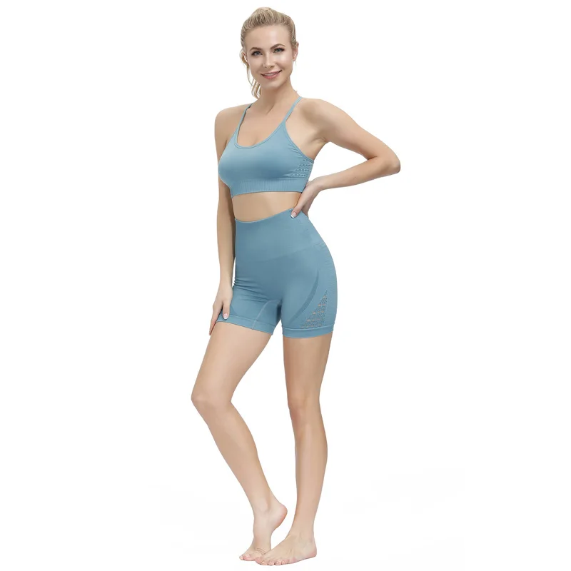 

2 PCS Sports Suits Energy Seamless Yoga Set Workout Clothes For Women Sportswear High Waist Gym Shorts Padded Strappy Sports Bra