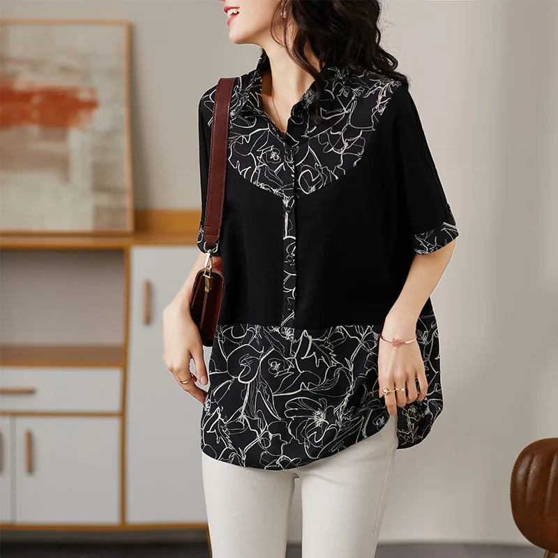 

L To 5XL Plus Size Women Tops Short Sleeve Print Summer Shirts Korean Style Woman Blouses T7518