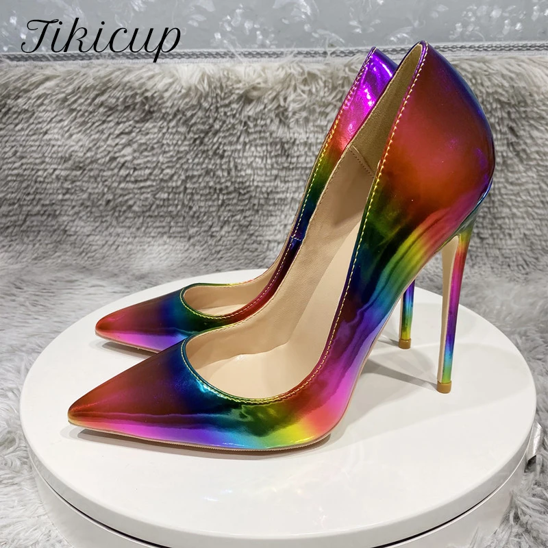 

Tikicup Laser Colorful Print Women Sexy Pointy Toe High Heel Party Shoes 8cm 10cm 12cm Slip On Stilettos Pumps Size 33-45