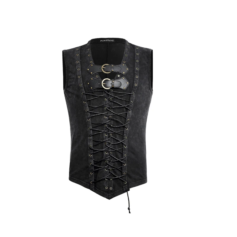 

Steampunk Casual Vest Gothic Body Casual Tanks Tops Rock Black Cotton Leather Belt Sleeveless Man Tank Tops PUNK RAVE