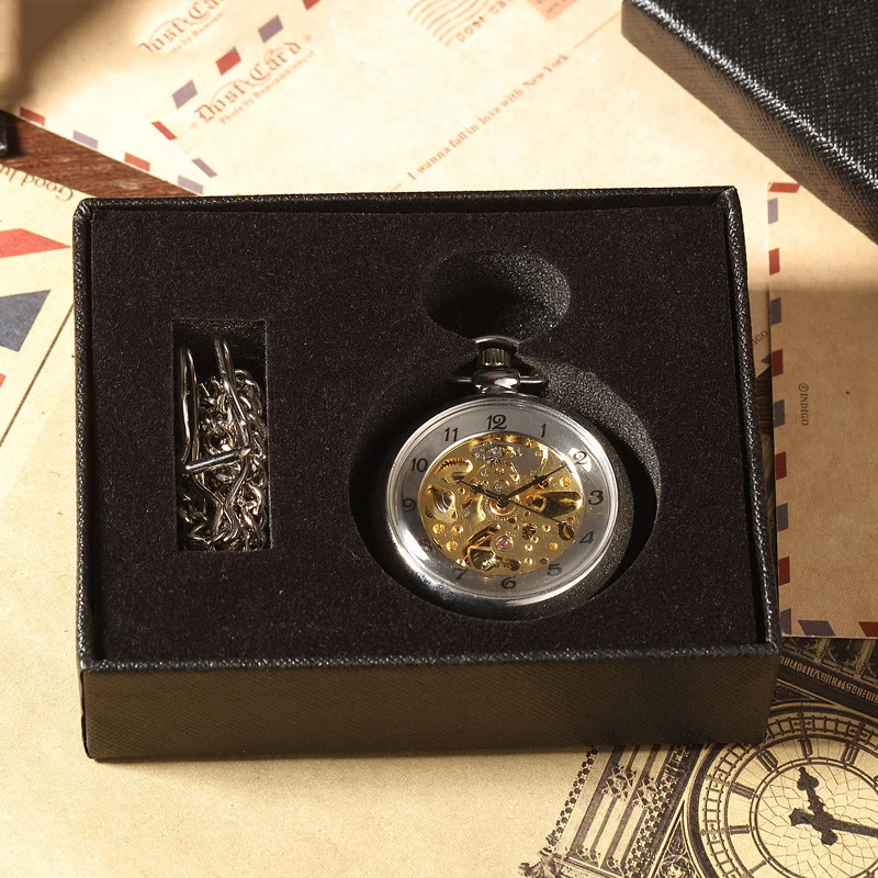 Antique Mechanical Pocket Watch for Collection Roman Numerals Skeleton Dial Fob China Clock with Gift Box for Gifts Dropshipping