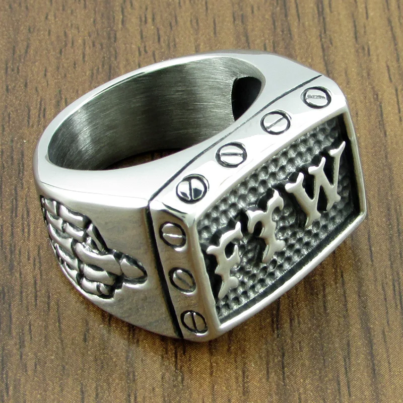 Punk 316L Stainless Steel Silver color Black FTW Middle Finger Mechanical Screw Motor Cycle Letter Biker Ring Sports Rider | Украшения и